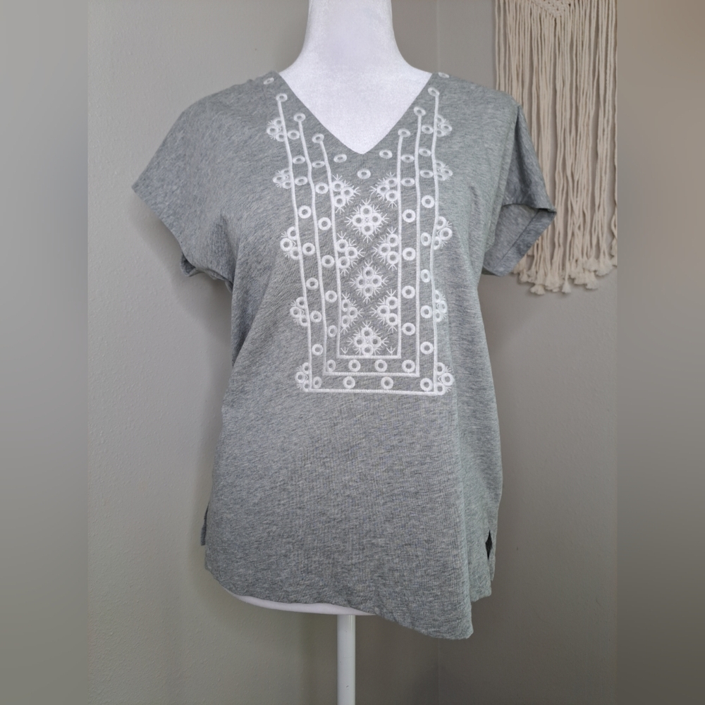 J Crew Womens Shirt Gray V-neck Short Slv Embroidered Boho Summer S